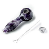 Amethyst gemstone spoon hand pipe with cosmic design – Astral Project smoking accessory - Side with accessory