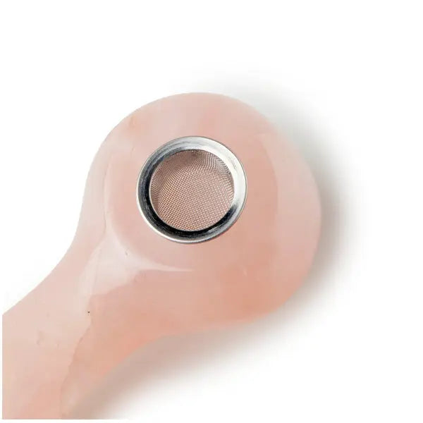 Rose Quartz gemstone spoon pipe with a sleek, handcrafted design for stylish smoking sessions. Top Close Up