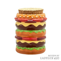 Double cheeseburger ceramic stash jar with cork lid, 4-inch novelty storage container - Front