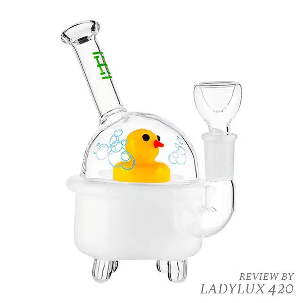Rubber Ducky glass water pipe with clear borosilicate body and yellow duck design.