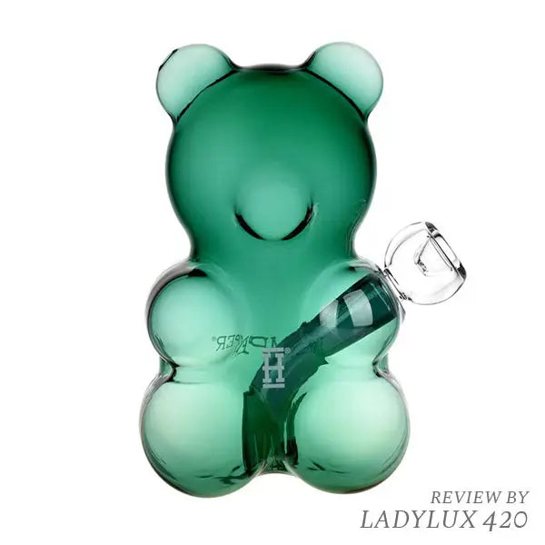Green Hemper Gummy Bear 6.5" borosilicate glass water pipe shaped like a gummy bear. Front