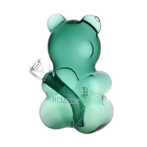 Green Hemper Gummy Bear 6.5" borosilicate glass water pipe shaped like a gummy bear. Back