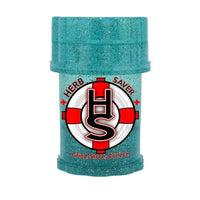 HerbSaver mini 4-piece plastic grinder teal glitter – compact, portable herb grinder with storage compartment