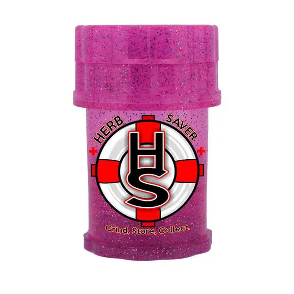 HerbSaver mini 4-piece plastic grinder pink glitter – compact, portable herb grinder with storage compartment