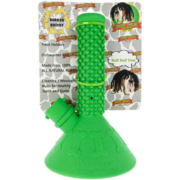 Puff Palz Beaker Buddy dog toy with fast shipping Australia-wide – non-toxic rubber water pipe toy - green