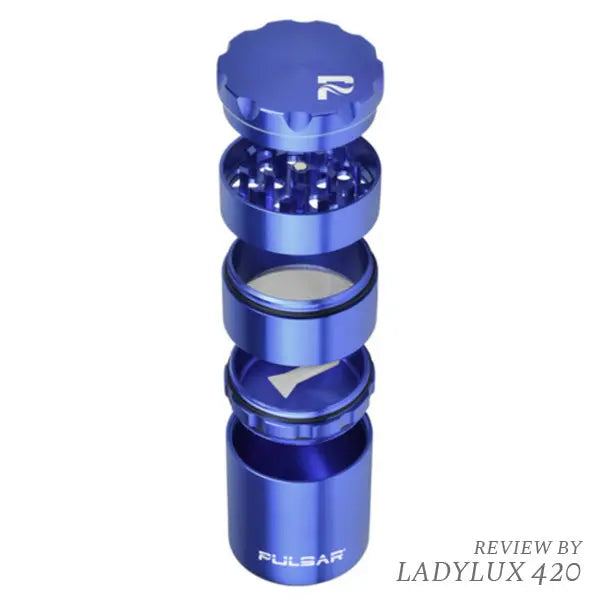Blue Pulsar 2" 4-piece metal grinder with built-in storage for herbs and spices