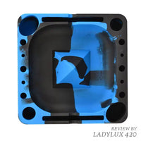 Square Pulsar Tap Tray silicone ashtray with slots for tools, lighter, and dab accessories. Blue Swirl top