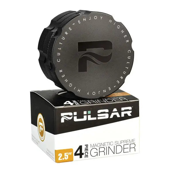 Pulsar 2.5" Magnetic Supreme 4-Piece Grinder with mesh screen and kief catcher - black with box