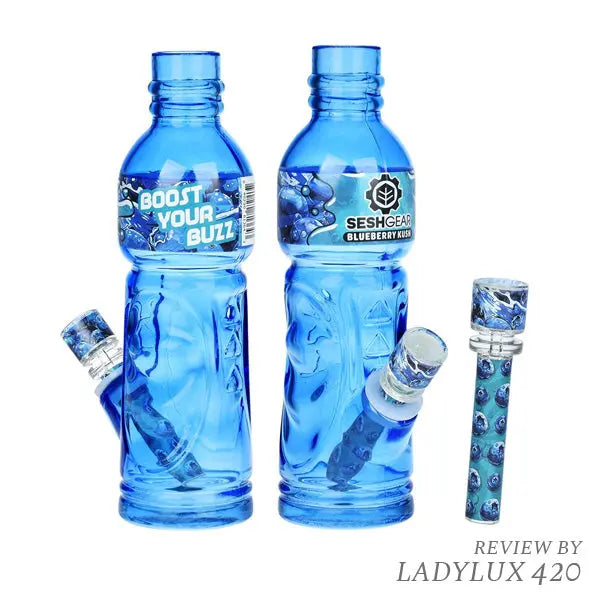 SeshGear Terpade 9.5" glass bong shaped like a beverage bottle for smooth herb sessions - blue
