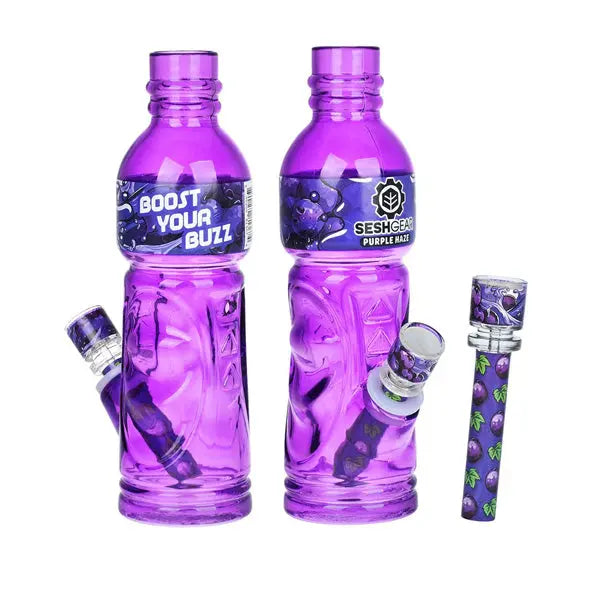 SeshGear Terpade 9.5" glass bong shaped like a beverage bottle for smooth herb sessions - purple