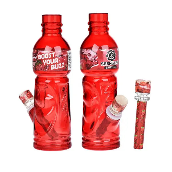 SeshGear Terpade 9.5" glass bong shaped like a beverage bottle for smooth herb sessions - red