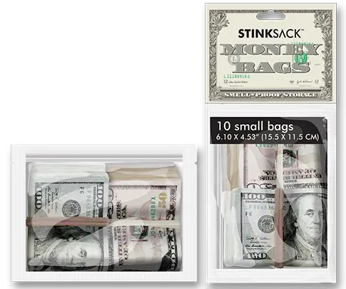 Stink Sack Storage Bags with Money Bags Design - Small size, 10-pack, perfect for discreet cannabis storage, odor-proof and secure.