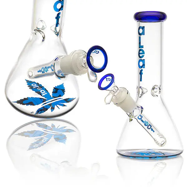 aLeaf The Essential Beaker Water Pipe – durable glass bong with classic beaker base design - blue side and front