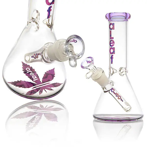 aLeaf The Essential Beaker Water Pipe – durable glass bong with classic beaker base design - purple side and front