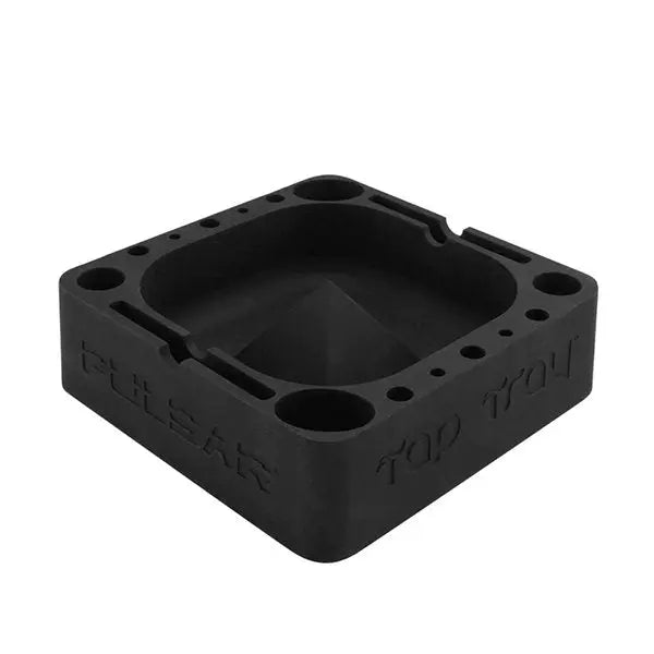 Square Pulsar Tap Tray silicone ashtray with slots for tools, lighter, and dab accessories. Black Side