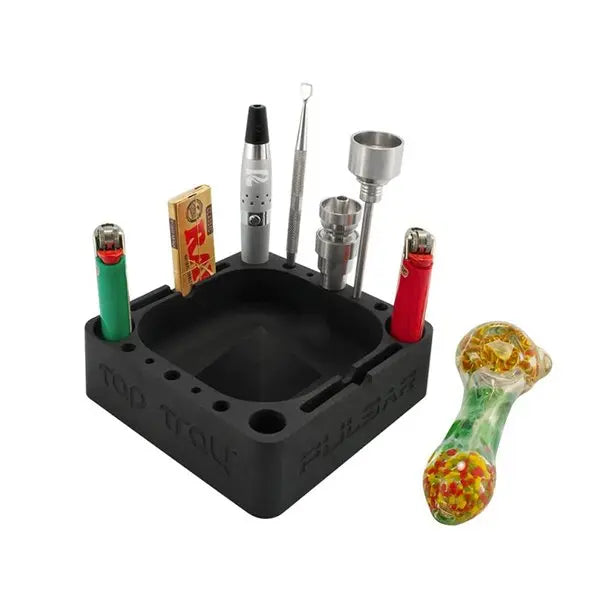 Square Pulsar Tap Tray silicone ashtray with slots for tools, lighter, and dab accessories. Black Demo