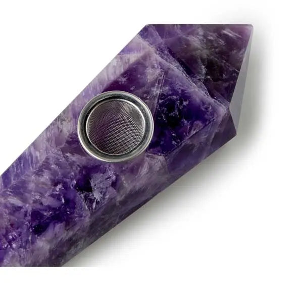 Astral Project amethyst gemstone geometric hand pipe for smoking, premium glass design - close