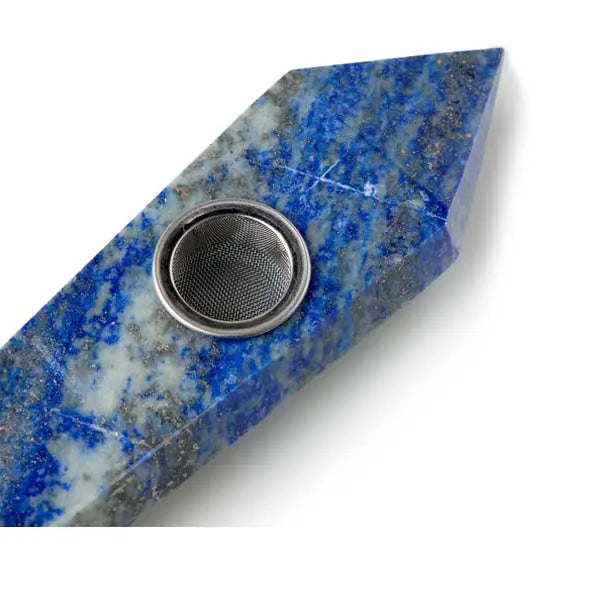 Lapis Lazuli gemstone geometric hand pipe Astral Project smoking pipe blue stone - close