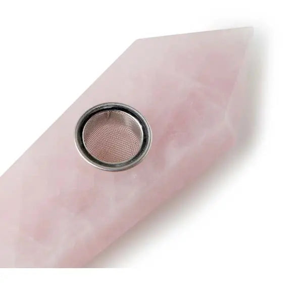 Astral Project Rose Quartz Geometric Hand Pipe Pink Gemstone Smoking Pipe - close