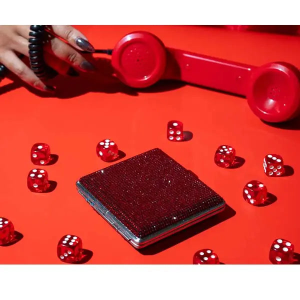 Burning Love rhinestone joint case – stylish glitter cigarette holder for bling lovers - red top