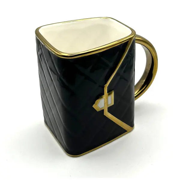Ceramic mug & rolling tray set - handbag design, fast shipping Australia-wide. black gold mug