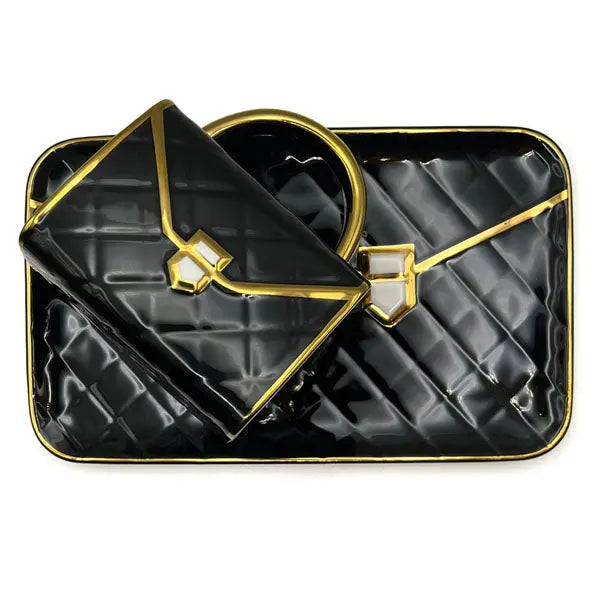 Ceramic mug & rolling tray set - handbag design, fast shipping Australia-wide. black gold tray