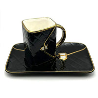 Ceramic mug & rolling tray set - handbag design, fast shipping Australia-wide. black gold front