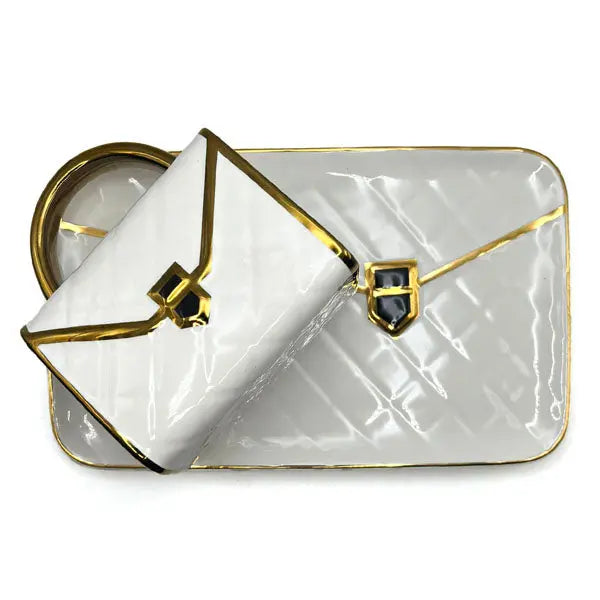 Ceramic mug & rolling tray set - handbag design, fast shipping Australia-wide. white gold top