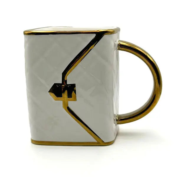 Ceramic mug & rolling tray set - handbag design, fast shipping Australia-wide. white gold hand bag