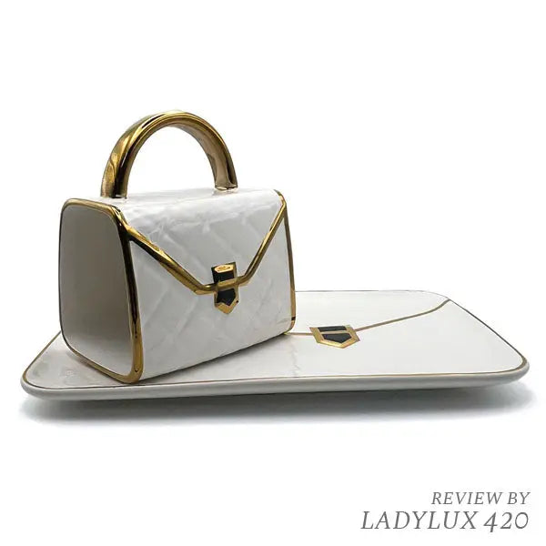 Ceramic mug & rolling tray set - handbag design, fast shipping Australia-wide. white gold front
