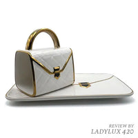 Ceramic mug & rolling tray set - handbag design, fast shipping Australia-wide. white gold front
