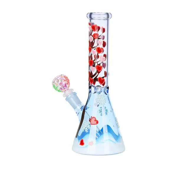 Glow-in-the-dark Heart Blossom 10" beaker bong with pink floral design on clear glass - back