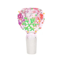 Glow-in-the-dark Heart Blossom 10" beaker bong with pink floral design on clear glass - banger