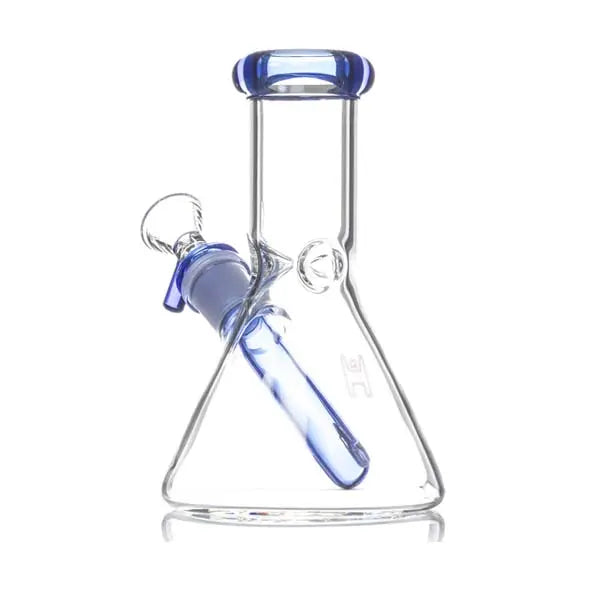 Human Grade 6 inch mini beaker bong, compact glass water pipe for smooth hits - clear blue accents