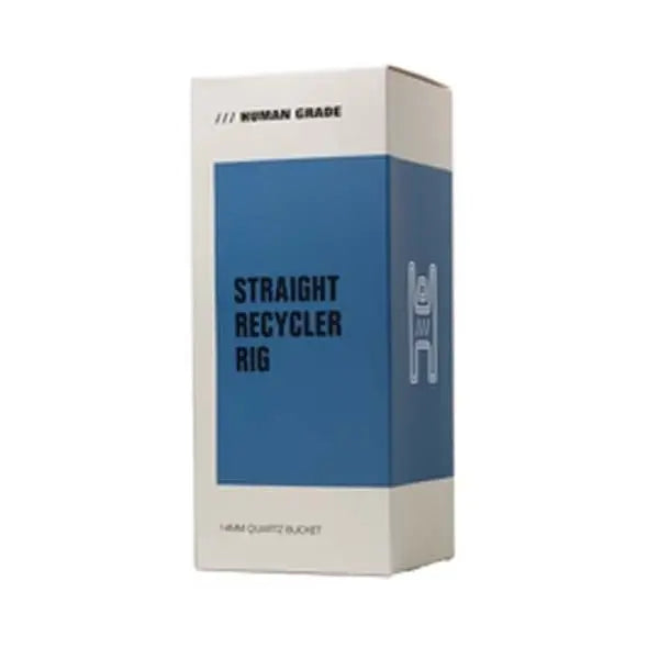 Human Grade straight recycler dab rig with blue accents – durable, sleek design for smooth hits. Box