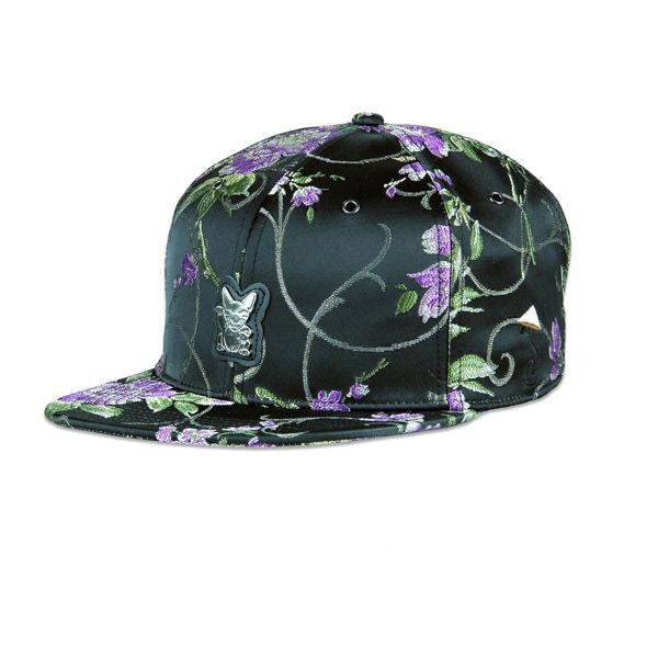 Grassroots Snap Back Trucker Style Hemp Cap S/M with Hidden Storage - Black Floral Lucky Monster Cat (GR3664)
