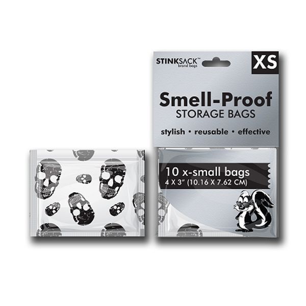 Stink Sack Smell-Proof Storage Bags Skull Design, X Small, 10-Pack - Ideal for discreet cannabis storage, odor-proof protection with durable, stylish skull print.