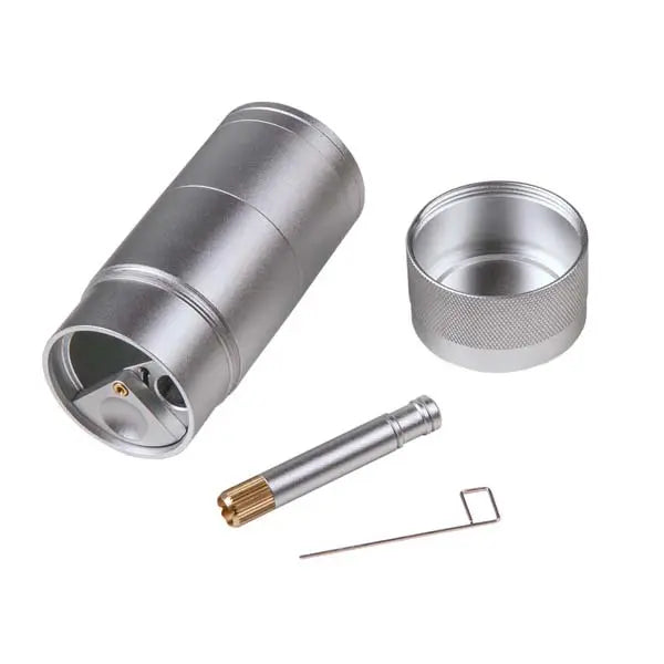 MJ Arsenal Capsule dugout with built-in grinder and storage for dry herb use - silver open