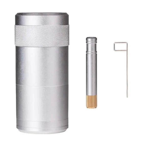 MJ Arsenal Capsule dugout with built-in grinder and storage for dry herb use - silver tools