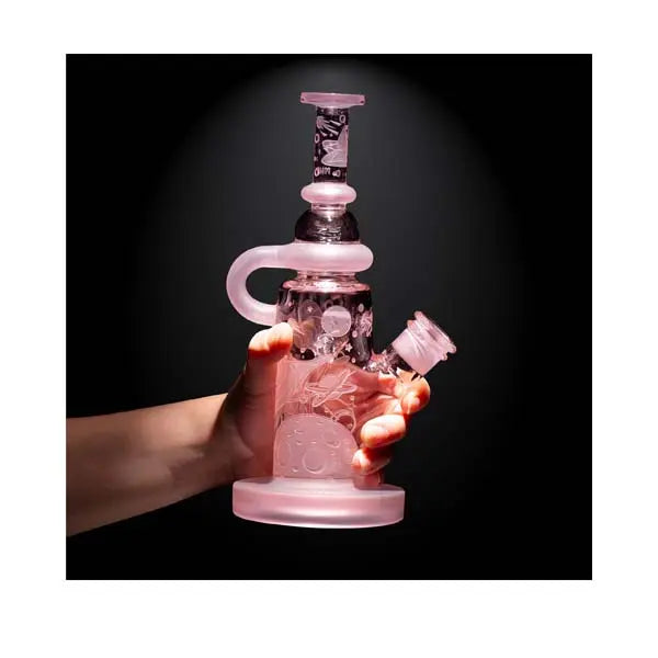 Milkyway Space Odyssey 9 inch pink recycler dab rig with incycler design - side - hand