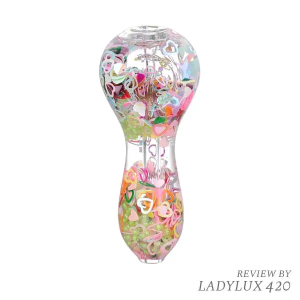 Pastel Paradise 3.75" Glow Spoon Pipe – Glycerin-Filled Hand Pipe in Soft Glass Colors - hearts