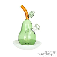 Perfect Pear cone bubbler on dish, compact glass water pipe for smooth hits - left