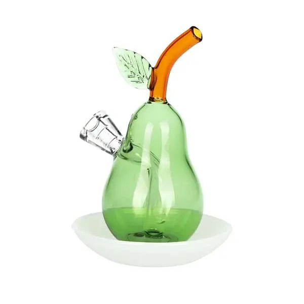 Perfect Pear cone bubbler on dish, compact glass water pipe for smooth hits - right