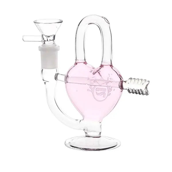Pulsar Arrow Heart pink glass mini bong, compact water pipe for smooth hits - left