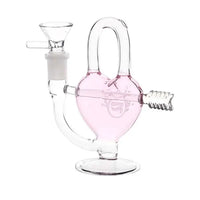 Pulsar Arrow Heart pink glass mini bong, compact water pipe for smooth hits - left