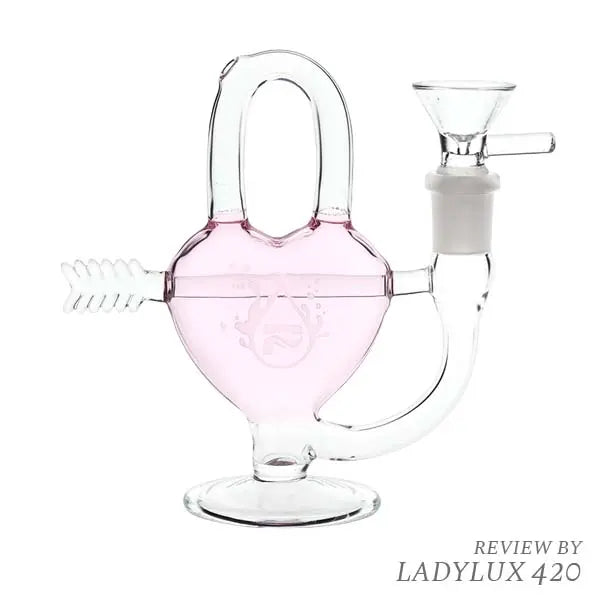 Pulsar Arrow Heart pink glass mini bong, compact water pipe for smooth hits - right