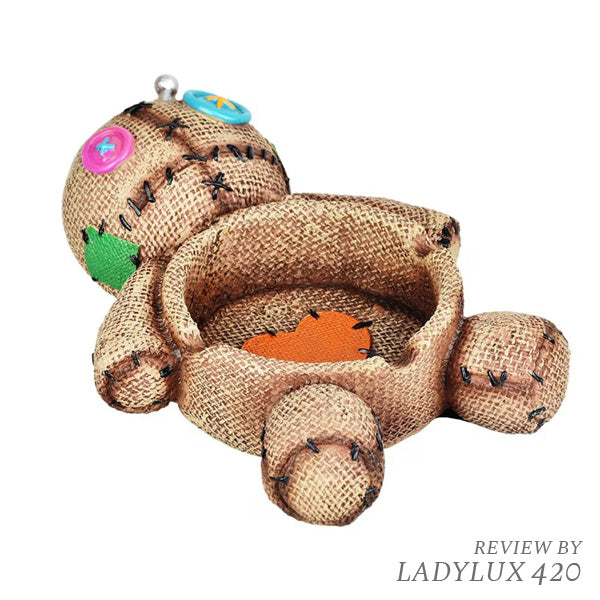 Sewn canvas doll ceramic ashtray with vintage stitched design – unique smoking accessory