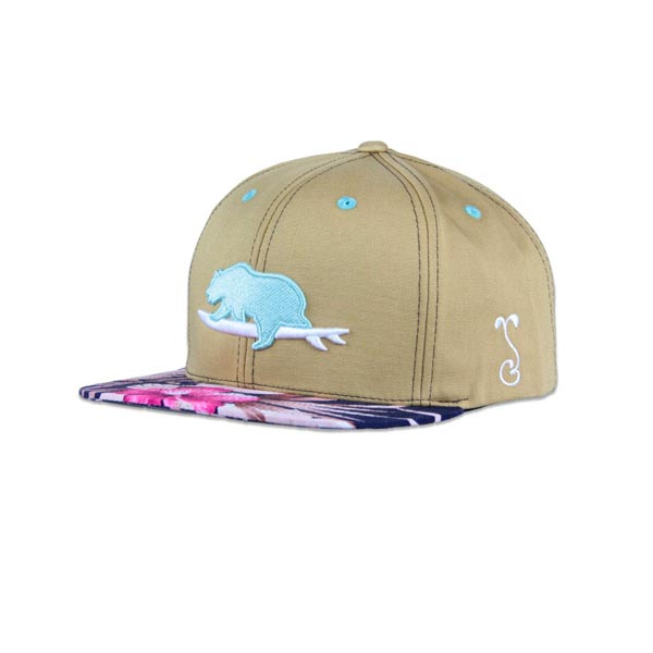Floral Grassroots hemp snapback cap with blue bear design and hidden storage, size L/XL. 